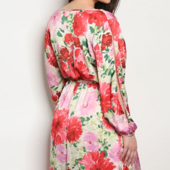 IVORY RED W/FLOWERS MAXI DRESS - Picture 3 of 7